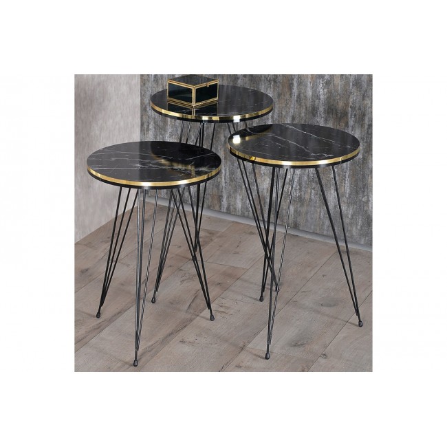 Τραπέζια βοηθητικά "SEBASTIAN" 3τμχ σε μαύρο με εφέ μαρμάρου/χρυσό χρώμα 34x34x55