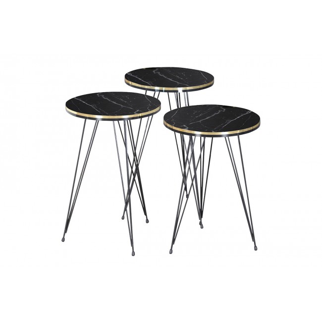 Τραπέζια βοηθητικά "SEBASTIAN" 3τμχ σε μαύρο με εφέ μαρμάρου/χρυσό χρώμα 34x34x55