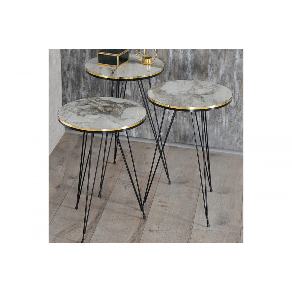 Τραπέζια βοηθητικά "SEBASTIAN" 3τμχ σε λευκό με εφέ μαρμάρου/γκρι/μαύρο χρώμα 34x34x55