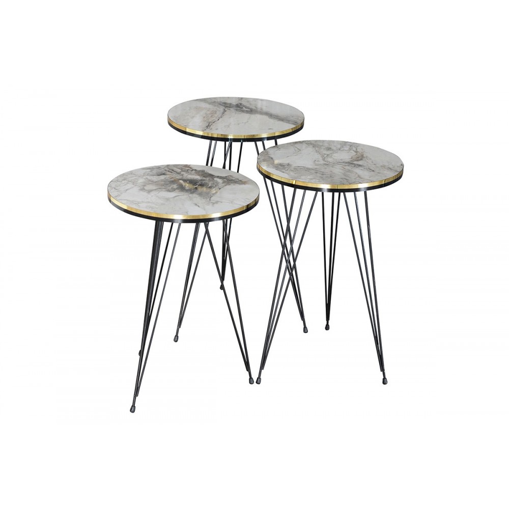 Τραπέζια βοηθητικά "SEBASTIAN" 3τμχ σε λευκό με εφέ μαρμάρου/γκρι/μαύρο χρώμα 34x34x55