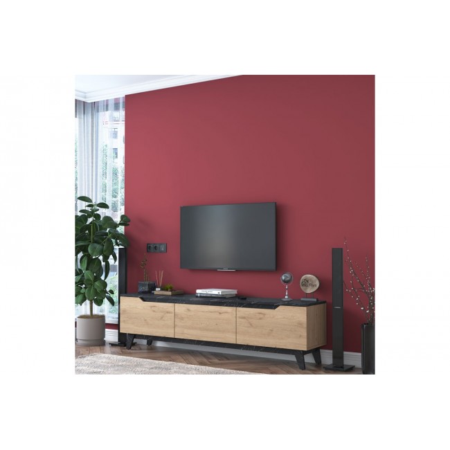 Έπιπλο τηλεόρασης "KASANDRA" σε μαύρο με εφέ μαρμάρου/καρυδί χρώμα 180x35x48.3
