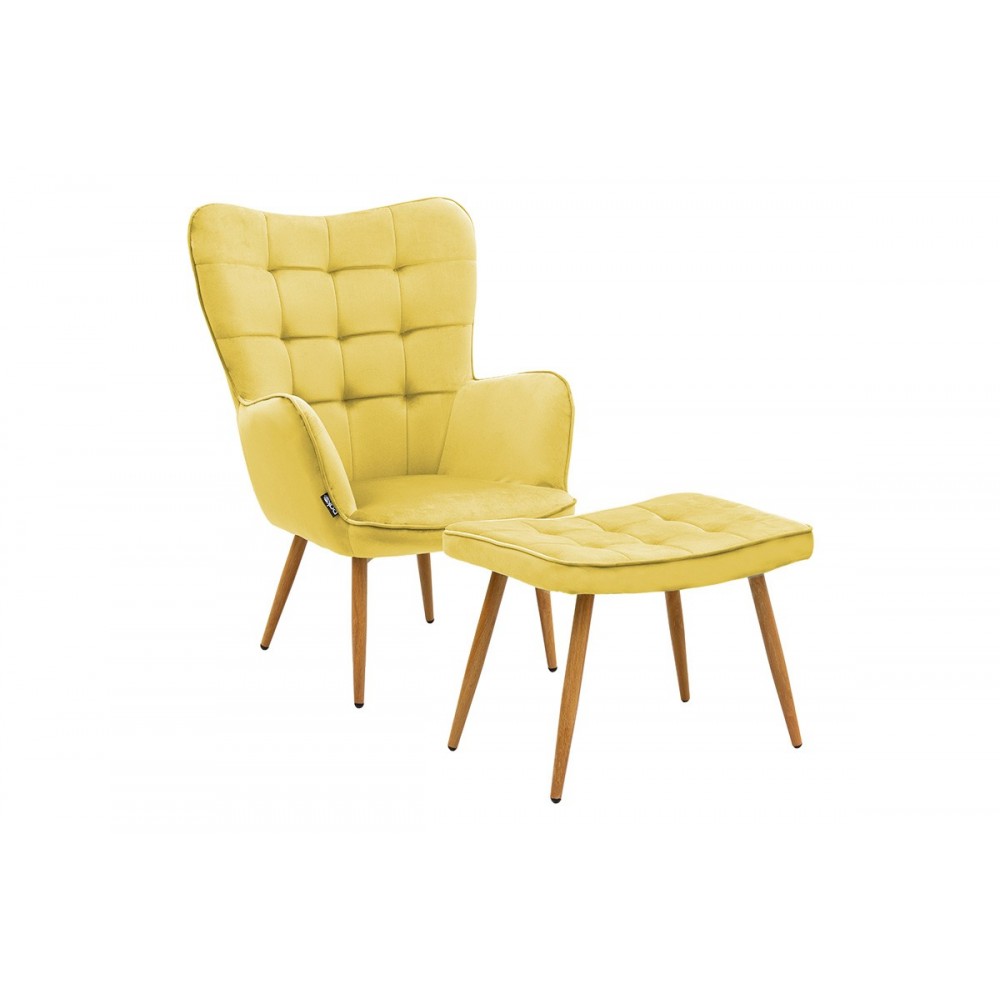 Πολυθρόνα "MADDISON" με υποπόδιο από ύφασμα/ξύλο σε κίτρινο/φυσικό χρώμα 68x72x98
