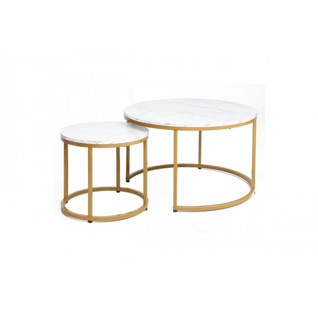 Τραπέζια σαλονιού 2τμχ "SEVERIN" σε λευκό με εφέ μαρμάρου/χρυσό χρώμα 80x80x48