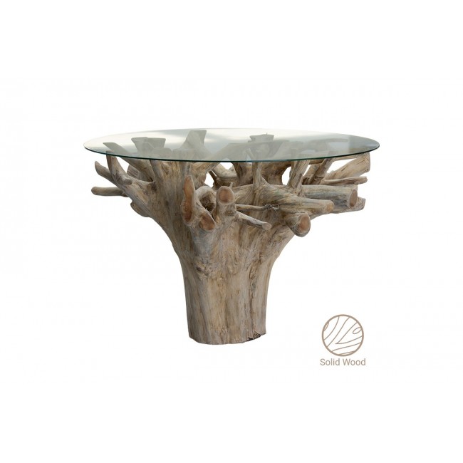 Τραπέζι ''KOLSON'' από γυαλί/χειροποίητo μασίφ ξύλο σε χρώμα φυσικό 110x110x76