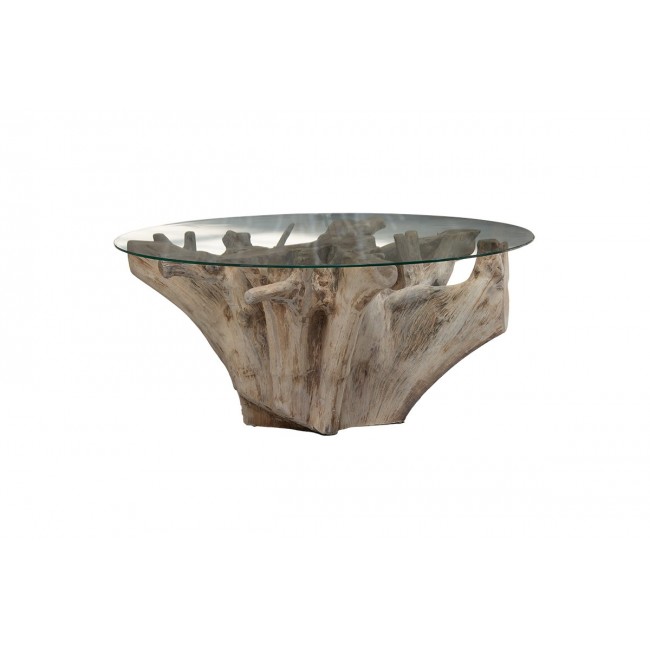 Τραπέζι σαλονιού ''BALANCE'' γυαλί tempered/χειροποίητo μασίφ ξύλο σε χρώμα φυσικό 100x100x46