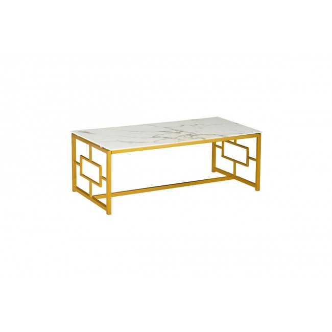 Τραπέζι σαλονιού ''ECCENTO'' από μέταλλο/γυαλί σε χρώμα χρυσό/επιφάνεια λευκό μαρμάρου 120x60x44
