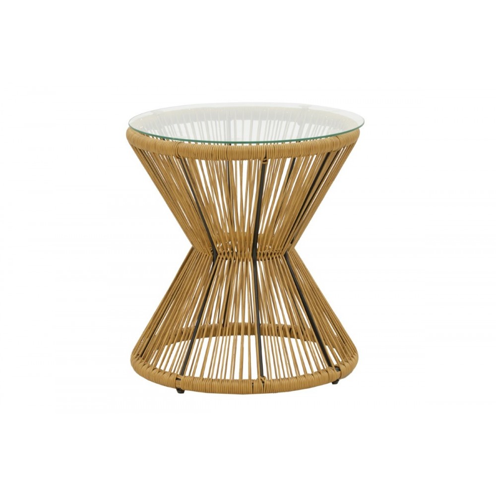 Τραπέζι "MABIL" από γυαλί/rattan σε φυσικό χρώμα Φ50x55