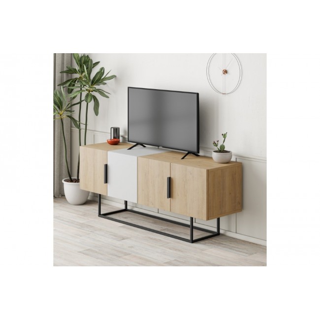 Έπιπλο τηλεόρασης "TONTINI" σε φυσικό/λευκό χρώμα 140x37.5x55