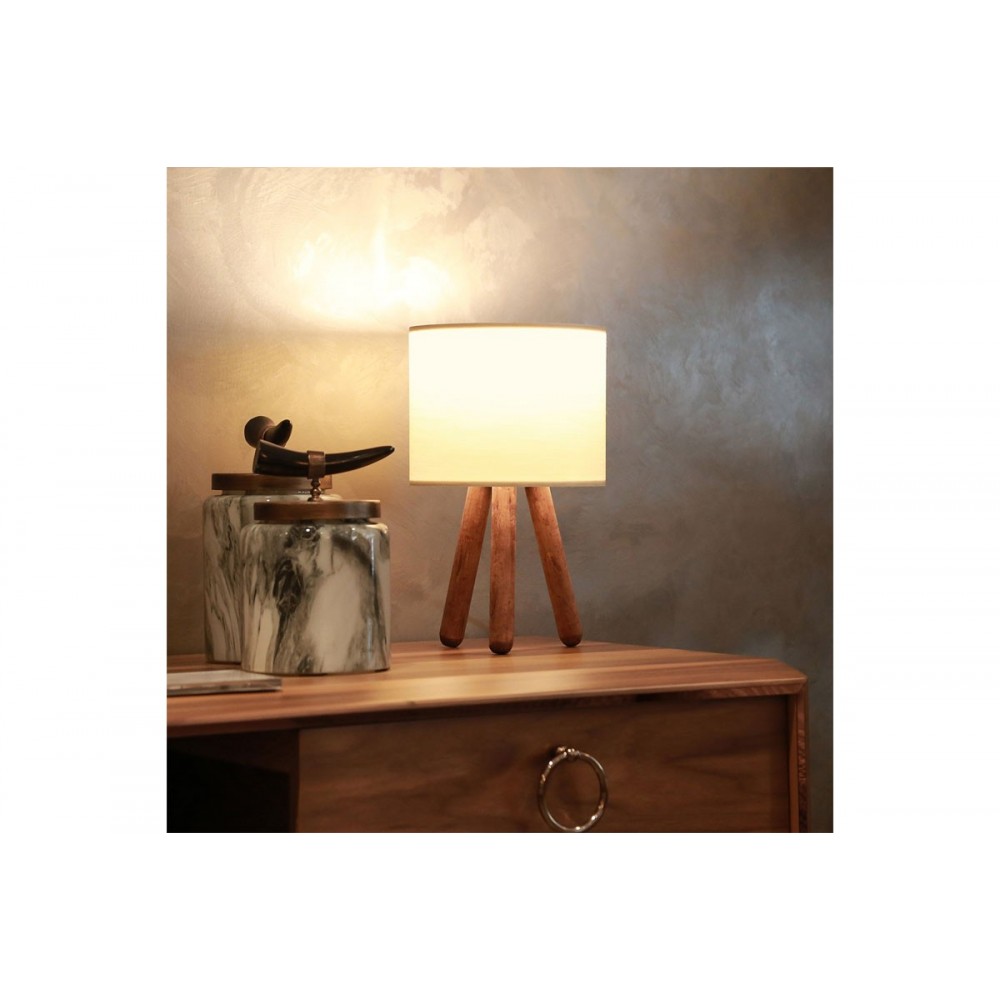 Επιτραπέζιο φωτιστικό "PWL-1151" από ξύλο/ύφασμα σε μπεζ/καρυδί χρώμα Φ19x32