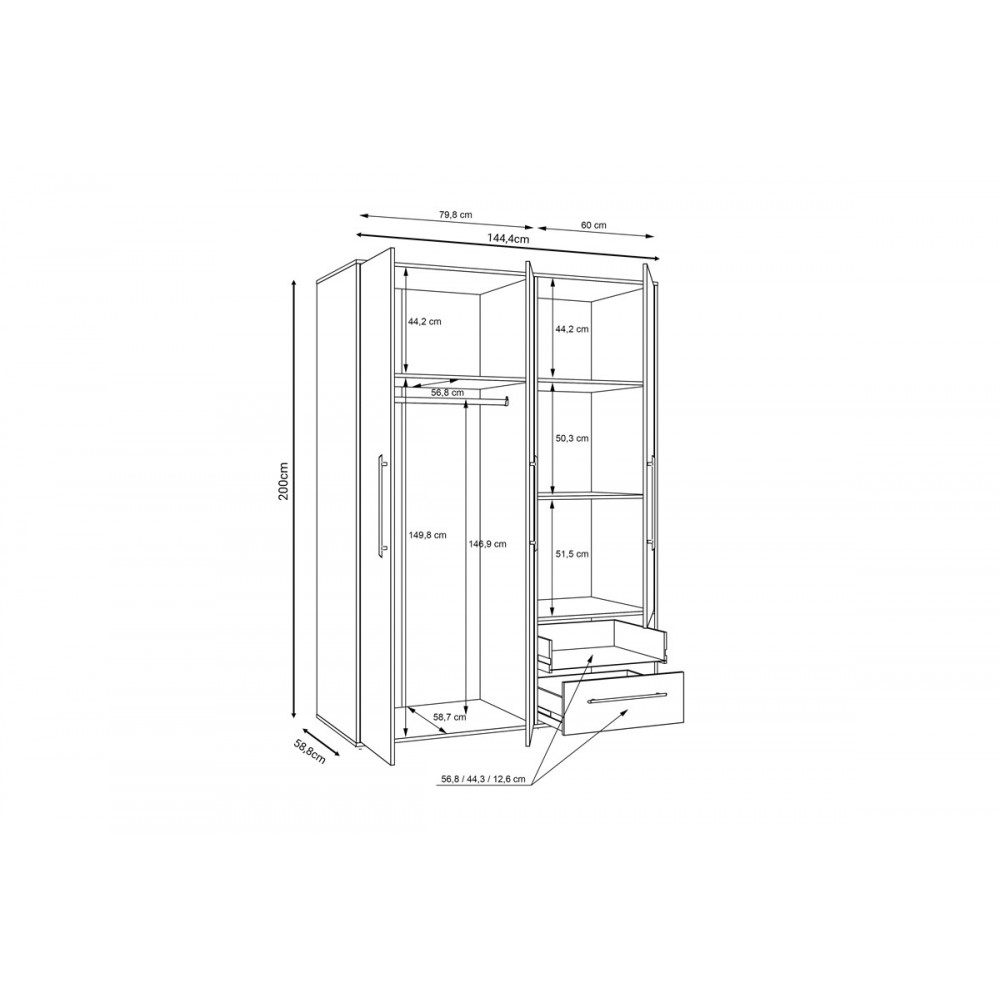 Ντουλάπα "RAZOL" τρίφυλλη σε λευκό/σονόμα χρώμα 144.5x59x200