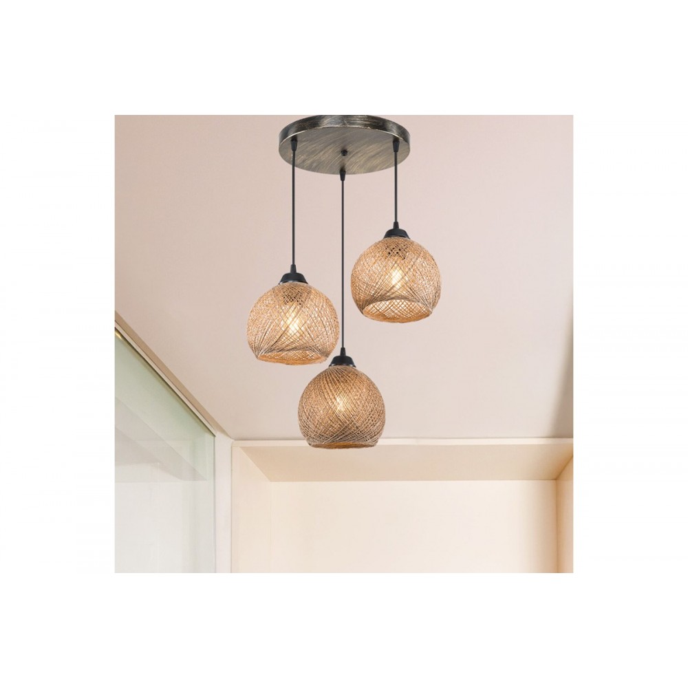 Φωτιστικό οροφής τρίφωτο "PWL-1121" από μέταλλο/σχοινί σε καφέ χρώμα Φ40x75