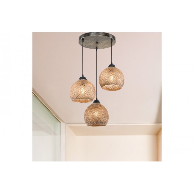 Φωτιστικό οροφής τρίφωτο "PWL-1121" από μέταλλο/σχοινί σε καφέ χρώμα Φ40x75