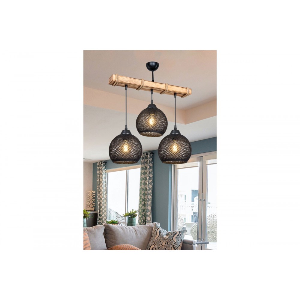 Φωτιστικό οροφής τρίφωτο "FIONA" από ξύλο/σχοινί σε φυσικό/μαύρο χρώμα 50x20x63