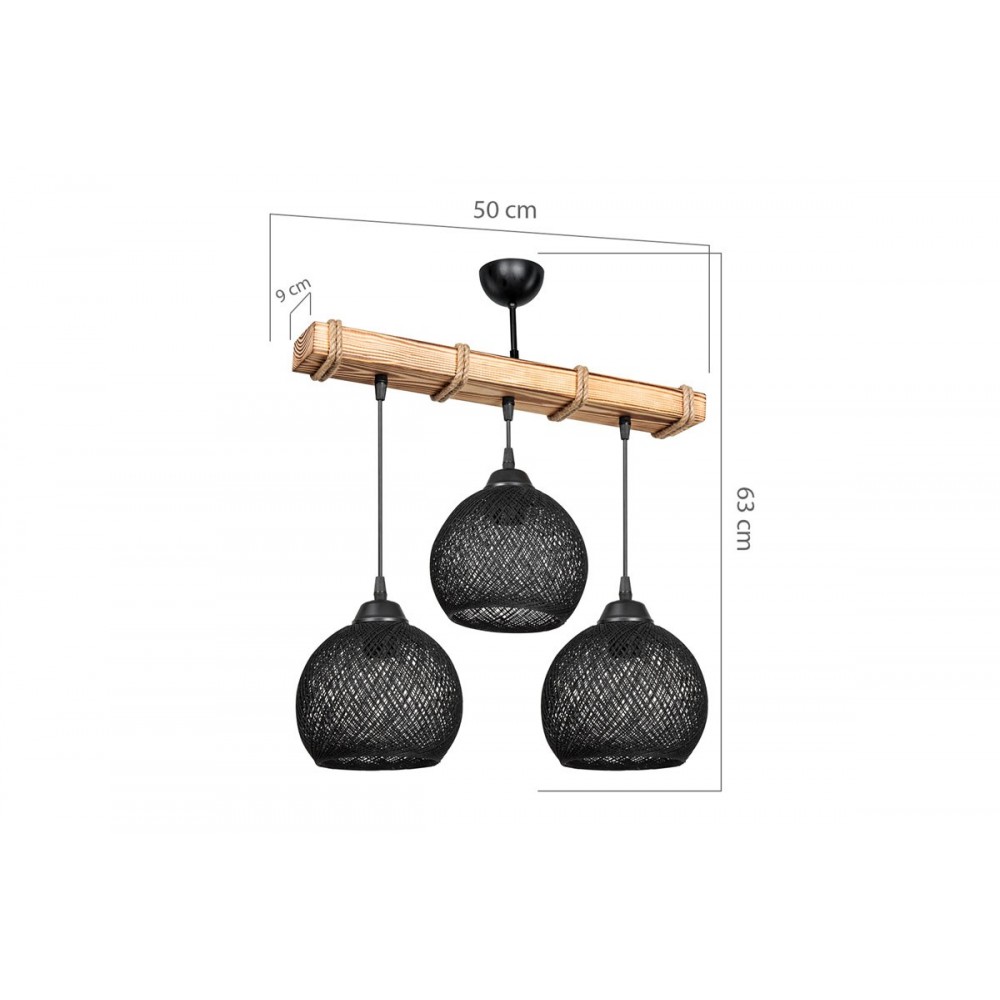 Φωτιστικό οροφής τρίφωτο "FIONA" από ξύλο/σχοινί σε φυσικό/μαύρο χρώμα 50x20x63