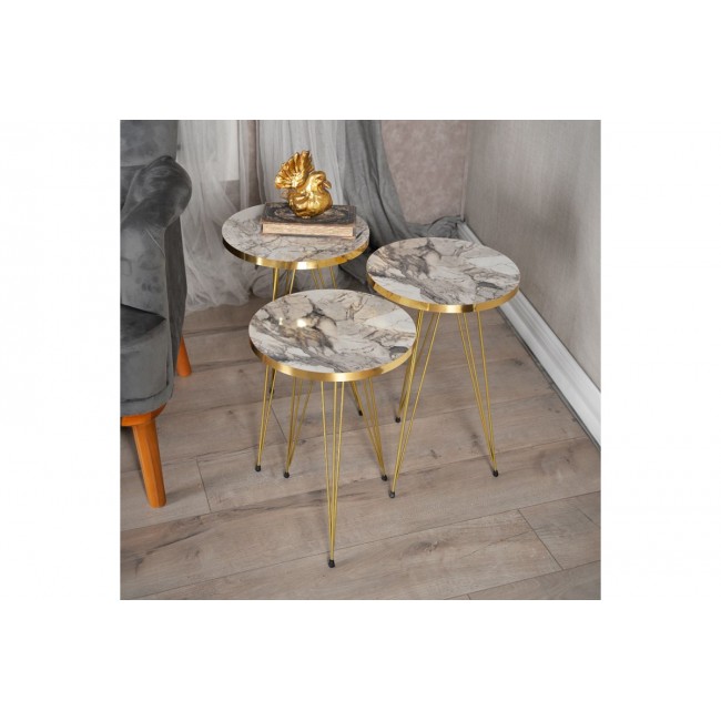 Βοηθητικά τραπέζια "WAKMI" 3τμχ από μέταλλο σε γκρι μαρμάρου/χρυσό χρώμα 33x33x55