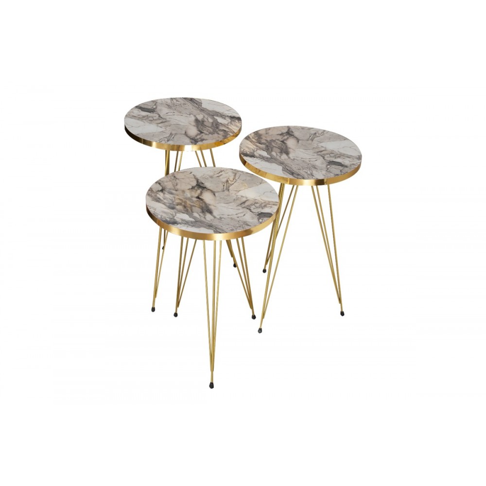Βοηθητικά τραπέζια "WAKMI" 3τμχ από μέταλλο σε γκρι μαρμάρου/χρυσό χρώμα 33x33x55