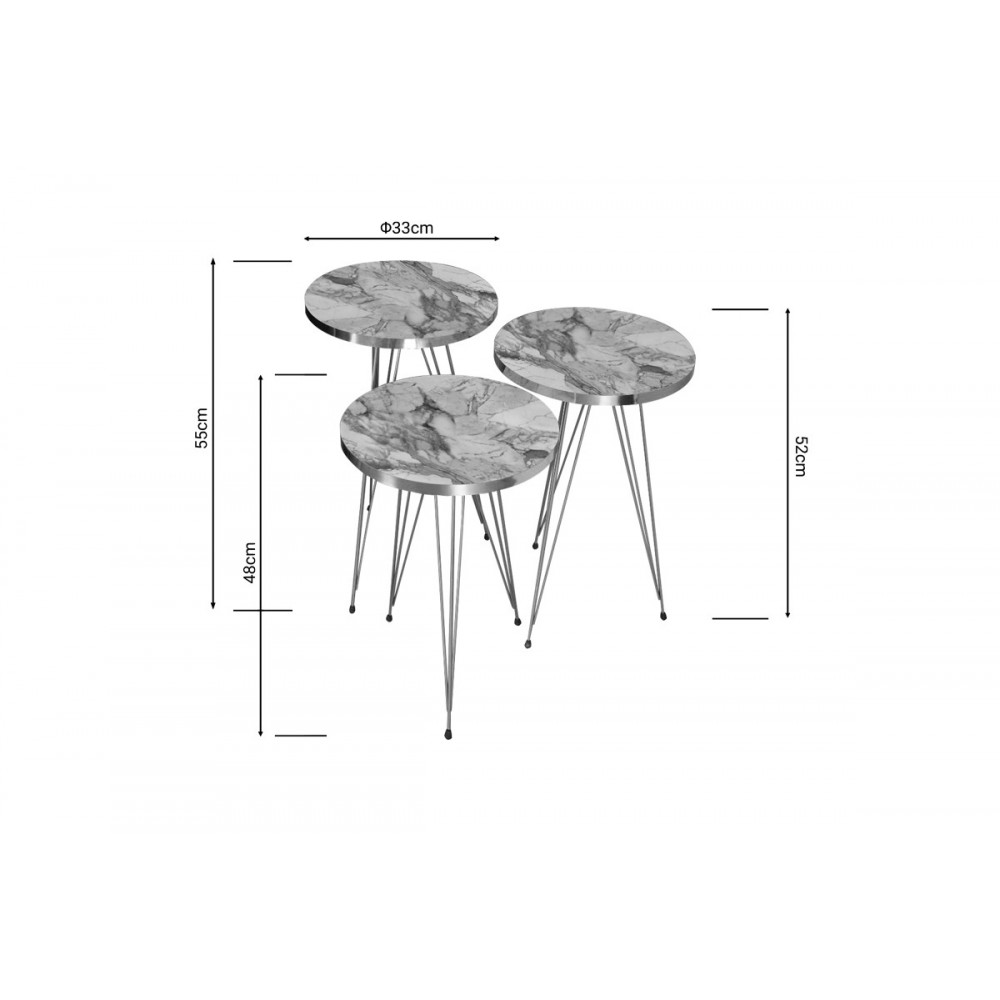 Βοηθητικά τραπέζια "WAKMI" 3τμχ από μέταλλο σε γκρι μαρμάρου/χρυσό χρώμα 33x33x55