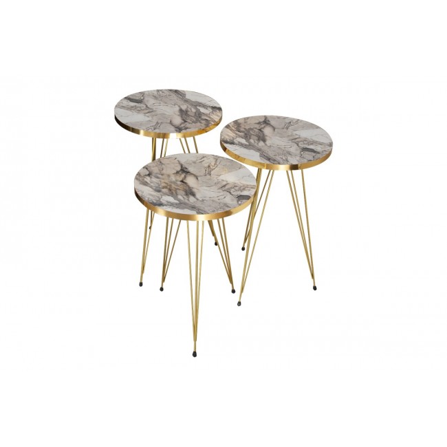 Βοηθητικά τραπέζια "WAKMI" 3τμχ από μέταλλο σε γκρι μαρμάρου/χρυσό χρώμα 33x33x55