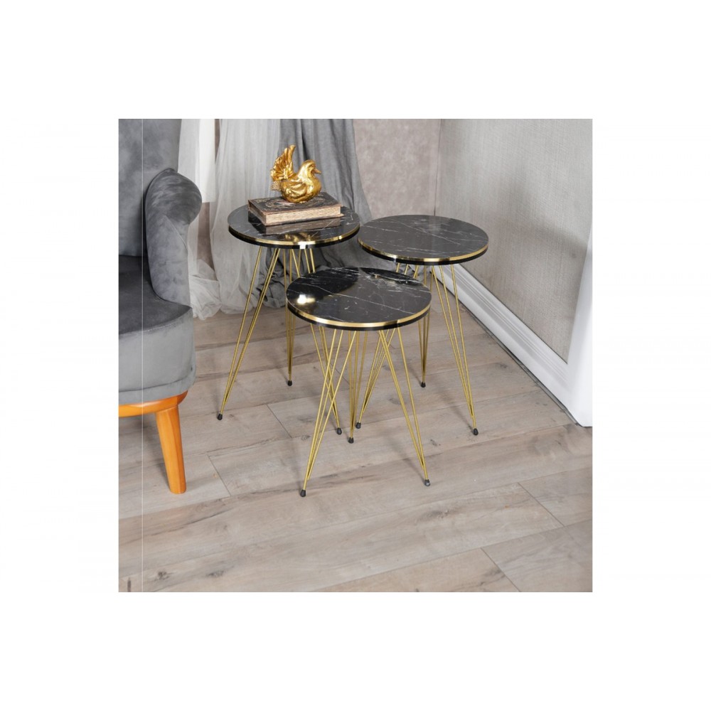 Βοηθητικά τραπέζια "WAKMI" 3τμχ από μέταλλο σε μαύρο μαρμάρου/χρυσό χρώμα 33x33x55