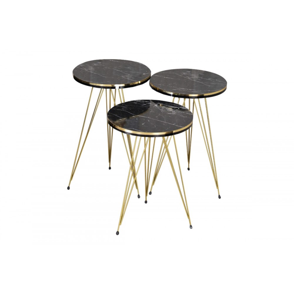Βοηθητικά τραπέζια "WAKMI" 3τμχ από μέταλλο σε μαύρο μαρμάρου/χρυσό χρώμα 33x33x55