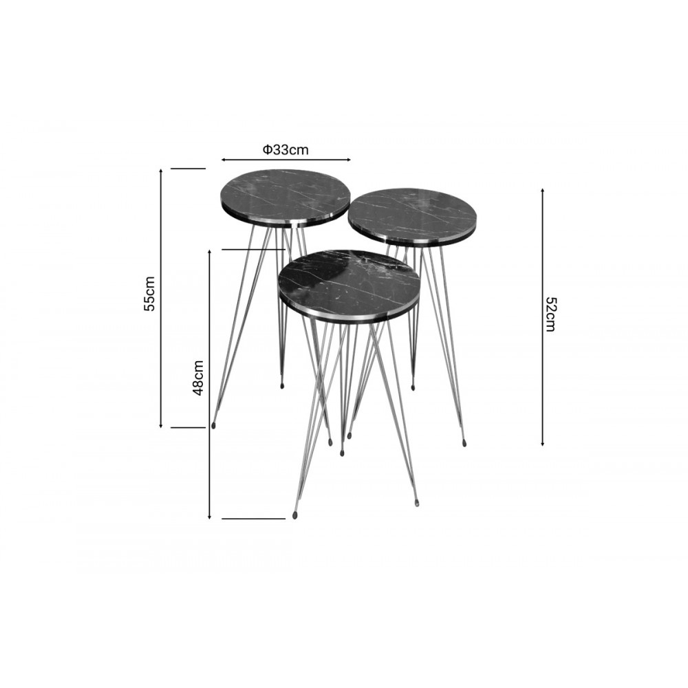 Βοηθητικά τραπέζια "WAKMI" 3τμχ από μέταλλο σε μαύρο μαρμάρου/χρυσό χρώμα 33x33x55