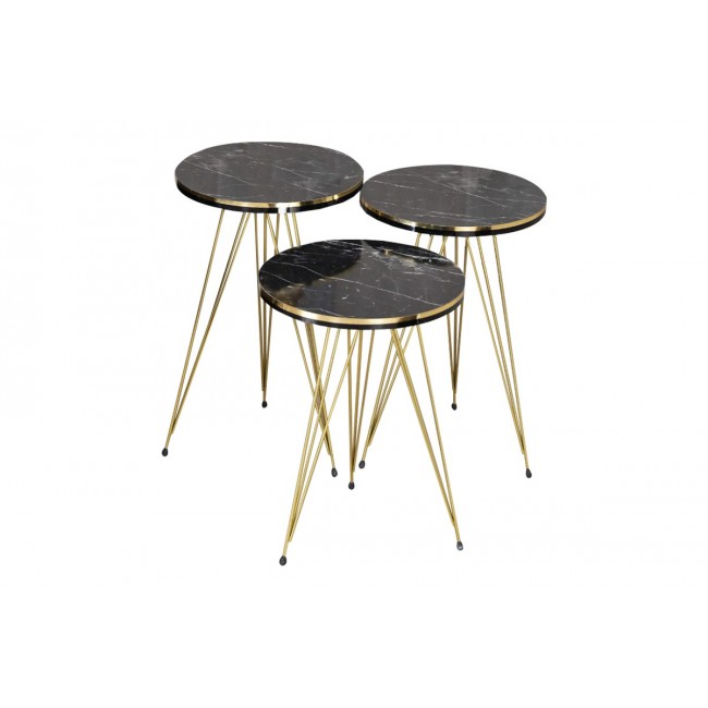 Βοηθητικά τραπέζια "WAKMI" 3τμχ από μέταλλο σε μαύρο μαρμάρου/χρυσό χρώμα 33x33x55