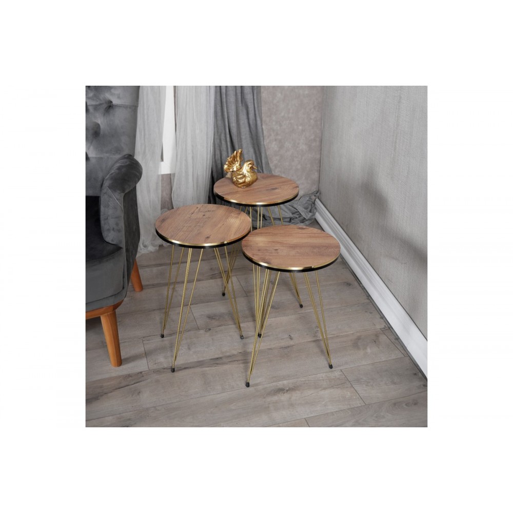 Βοηθητικά τραπέζια "WAKMI" 3τμχ από μέταλλο σε oak/χρυσό χρώμα 33x33x55