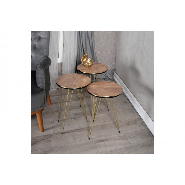 Βοηθητικά τραπέζια "WAKMI" 3τμχ από μέταλλο σε oak/χρυσό χρώμα 33x33x55