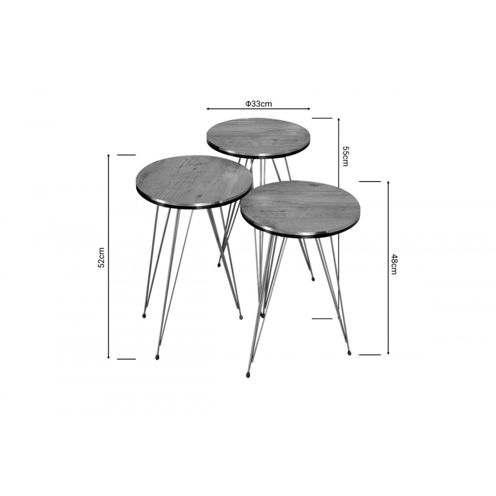 Βοηθητικά τραπέζια "WAKMI" 3τμχ από μέταλλο σε oak/χρυσό χρώμα 33x33x55