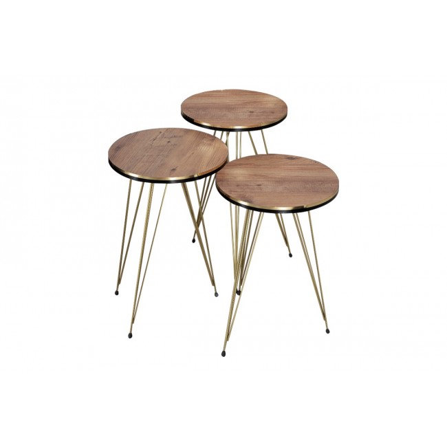 Βοηθητικά τραπέζια "WAKMI" 3τμχ από μέταλλο σε oak/χρυσό χρώμα 33x33x55