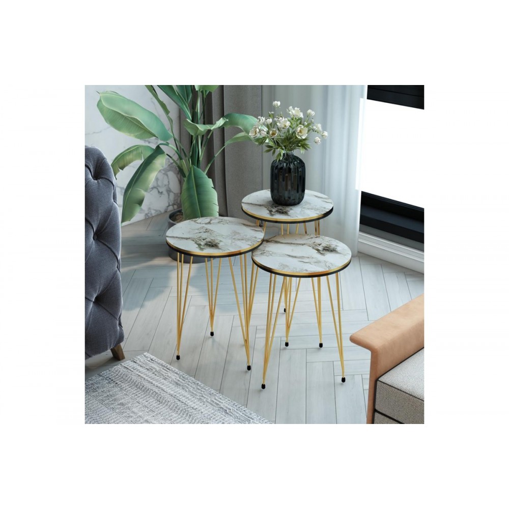 Βοηθητικά τραπέζια "WAKMI" 3τμχ από μέταλλο σε λευκό μαρμάρου/χρυσό χρώμα 33x33x55