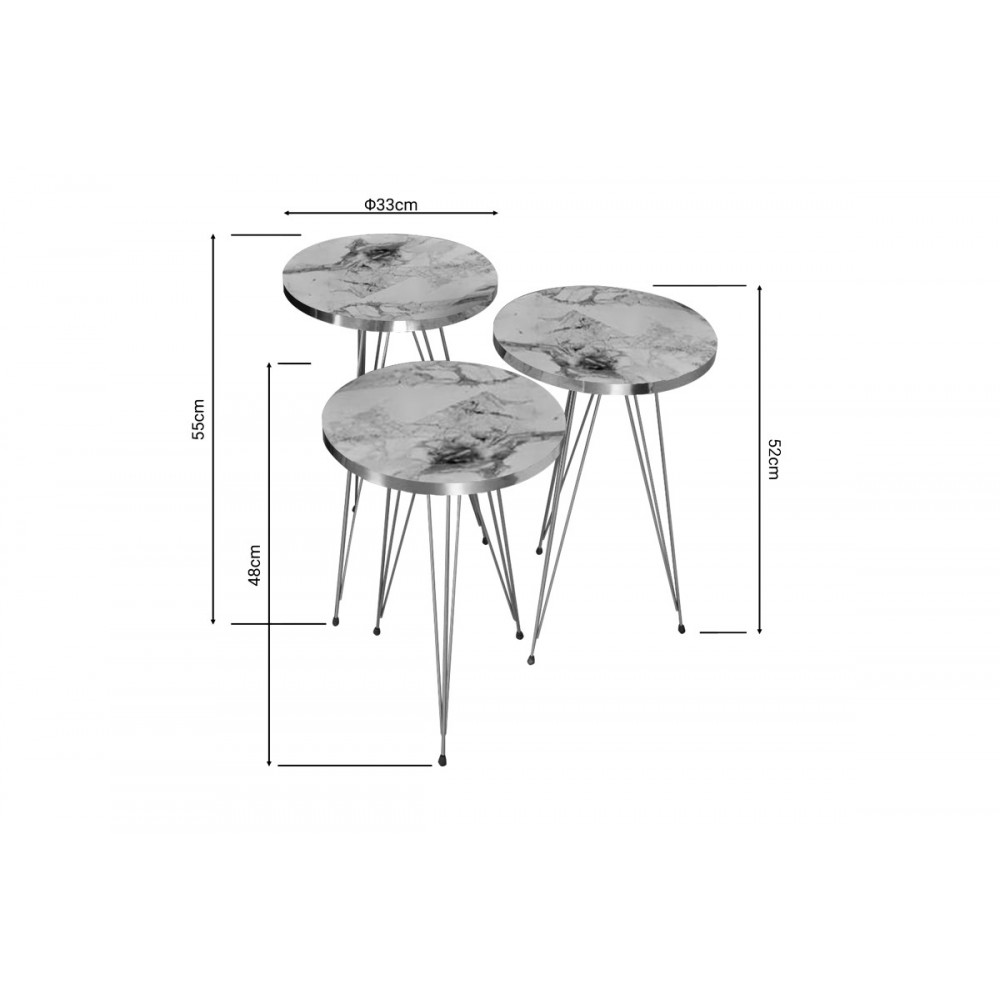 Βοηθητικά τραπέζια "WAKMI" 3τμχ από μέταλλο σε λευκό μαρμάρου/χρυσό χρώμα 33x33x55