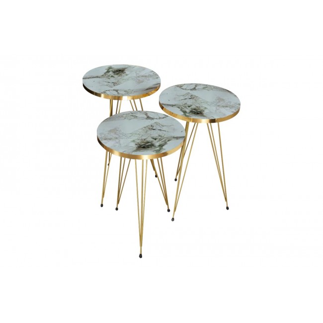 Βοηθητικά τραπέζια "WAKMI" 3τμχ από μέταλλο σε λευκό μαρμάρου/χρυσό χρώμα 33x33x55