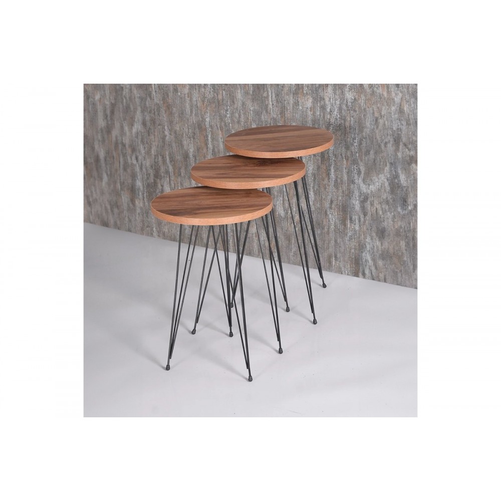 Βοηθητικά τραπέζια "WAKMI" 3τμχ από μέταλλο σε φυσικό/μαύρο χρώμα 33x33x55