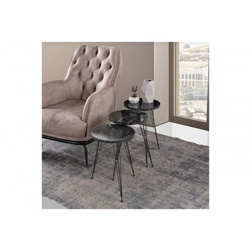 Βοηθητικά τραπέζια "WAKMI" 3τμχ από μέταλλο σε μαύρο χρώμα μαρμάρου 33x33x55