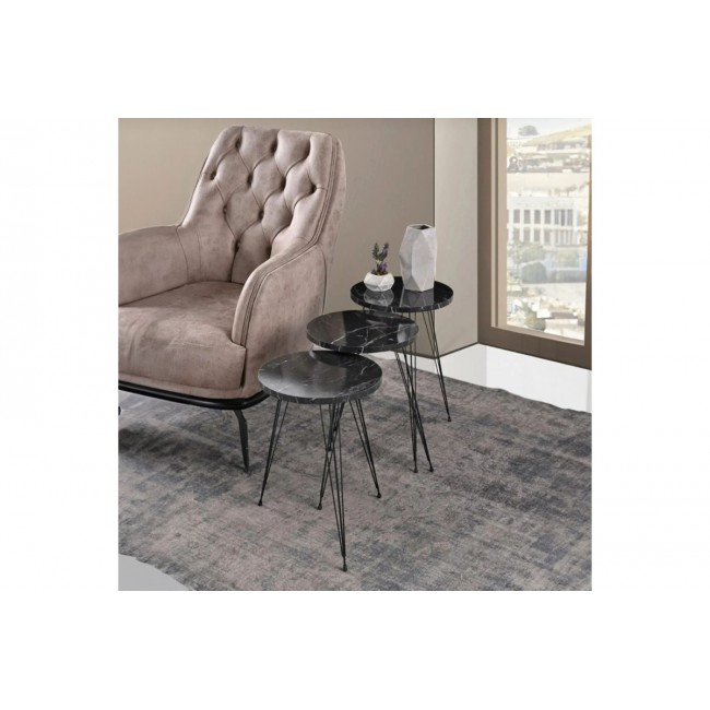 Βοηθητικά τραπέζια "WAKMI" 3τμχ από μέταλλο σε μαύρο χρώμα μαρμάρου 33x33x55