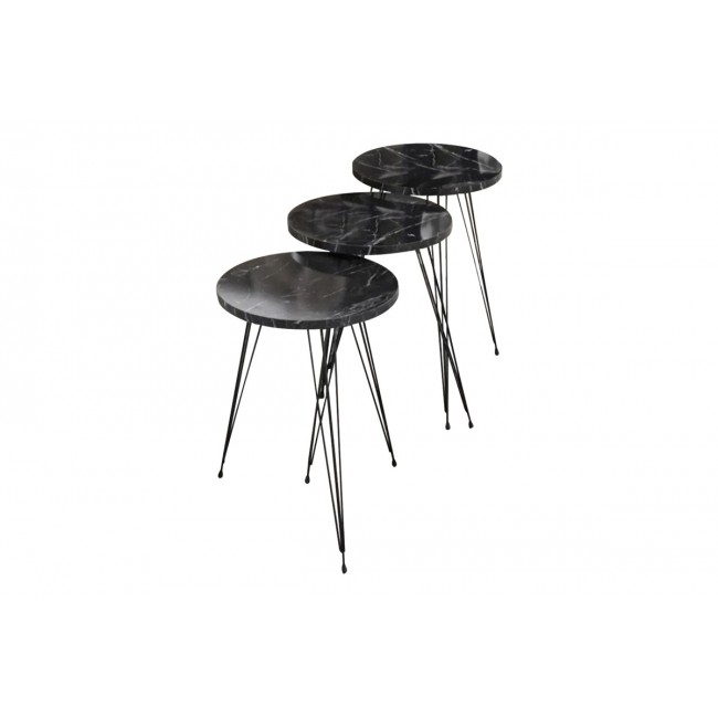 Βοηθητικά τραπέζια "WAKMI" 3τμχ από μέταλλο σε μαύρο χρώμα μαρμάρου 33x33x55