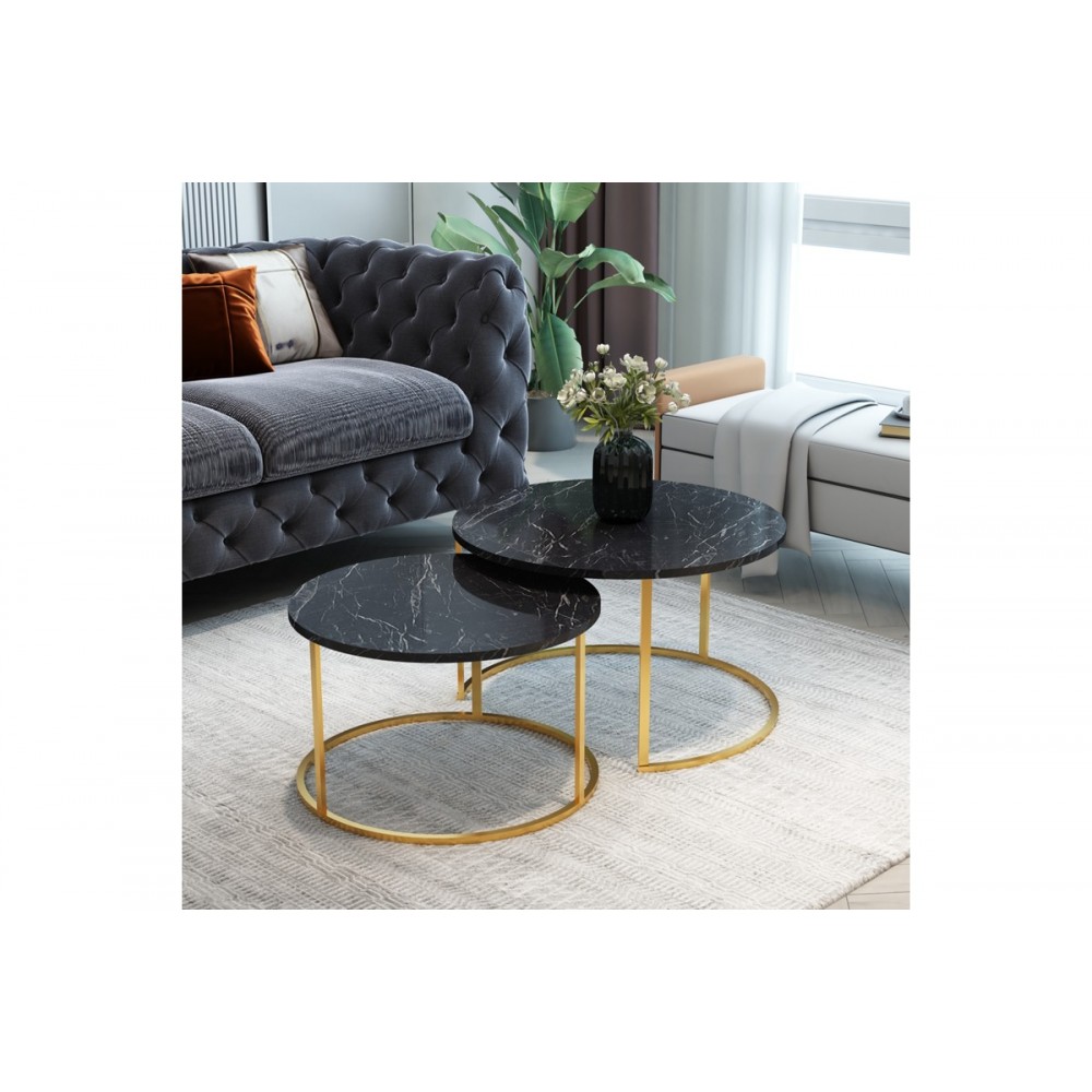 Τραπέζια σαλονιού "SOLME" 2τμχ από μέταλλο σε μαύρο με εφέ μαρμάρου/χρυσό χρώμα 75x75x45
