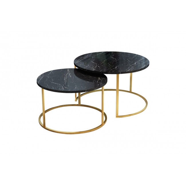 Τραπέζια σαλονιού "SOLME" 2τμχ από μέταλλο σε μαύρο με εφέ μαρμάρου/χρυσό χρώμα 75x75x45