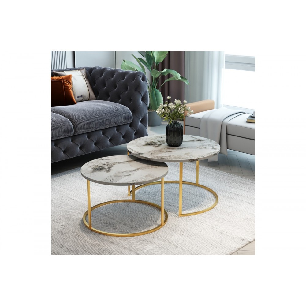 Τραπέζια σαλονιού "SOLME" 2τμχ από μέταλλο σε λευκό με εφέ μαρμάρου/χρυσό χρώμα 75x75x45