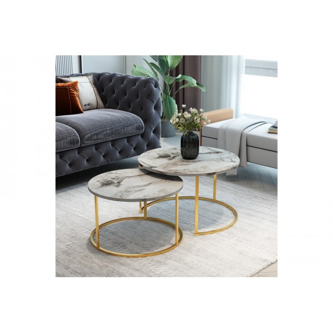 Τραπέζια σαλονιού "SOLME" 2τμχ από μέταλλο σε λευκό με εφέ μαρμάρου/χρυσό χρώμα 75x75x45