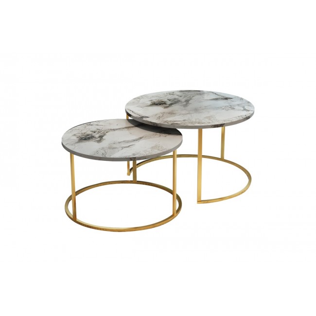 Τραπέζια σαλονιού "SOLME" 2τμχ από μέταλλο σε λευκό με εφέ μαρμάρου/χρυσό χρώμα 75x75x45