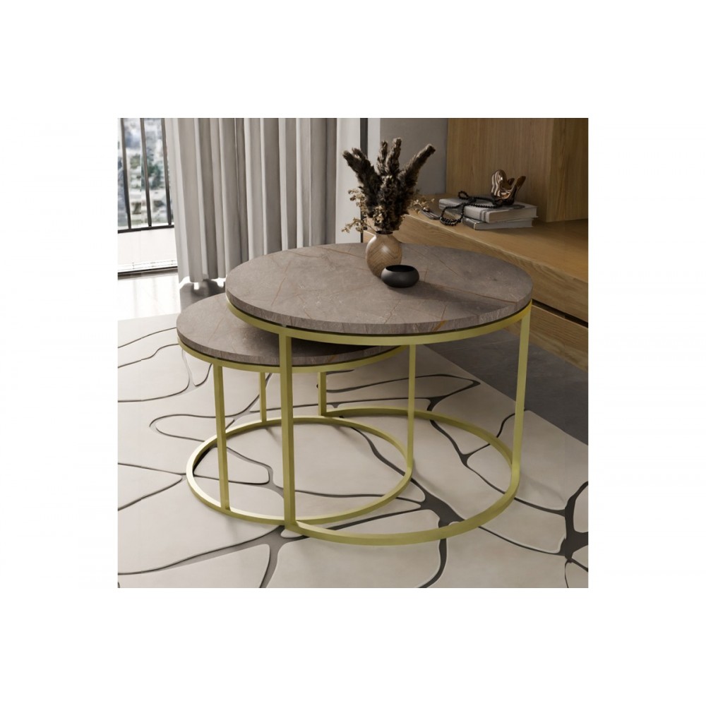 Τραπέζια σαλονιού "SOLME" 2τμχ από μέταλλο σε γκρι με εφέ μαρμάρου/χρυσό χρώμα 75x75x45
