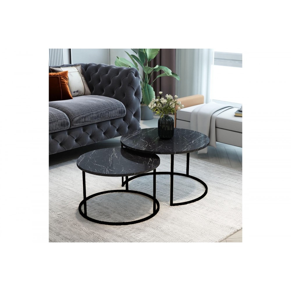 Τραπέζια σαλονιού "SOLME" 2τμχ από μέταλλο σε μαύρο χρώμα με εφέ μαρμάρου 75x75x45
