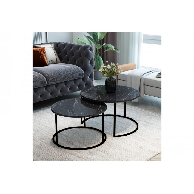 Τραπέζια σαλονιού "SOLME" 2τμχ από μέταλλο σε μαύρο χρώμα με εφέ μαρμάρου 75x75x45
