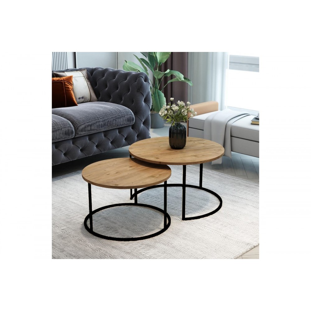 Τραπέζια σαλονιού "SOLME" 2τμχ από μέταλλο σε φυσικό/μαύρο χρώμα 75x75x45