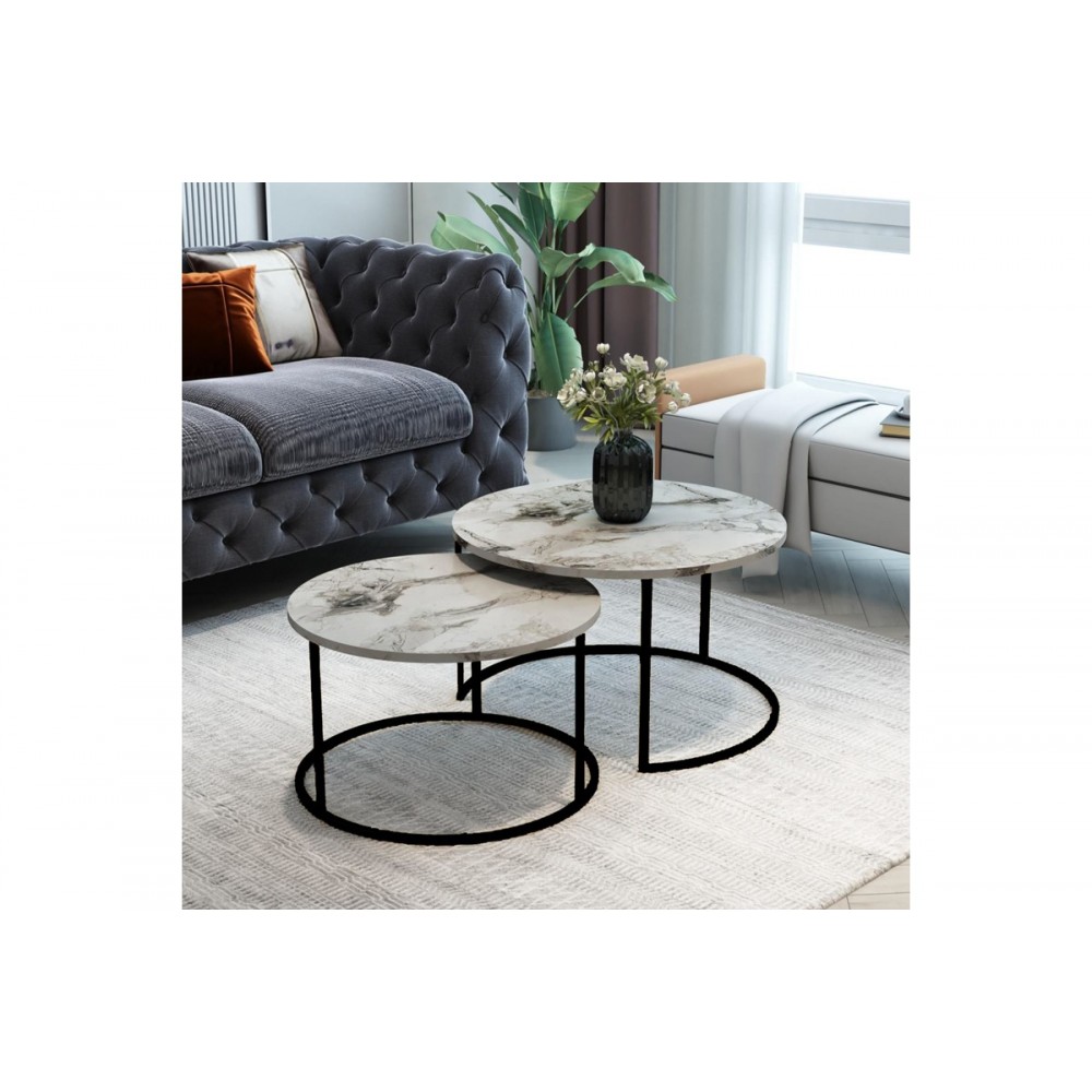 Τραπέζια σαλονιού "SOLME" 2τμχ από μέταλλο σε λευκό μαρμάρου/μαύρο χρώμα 75x75x45