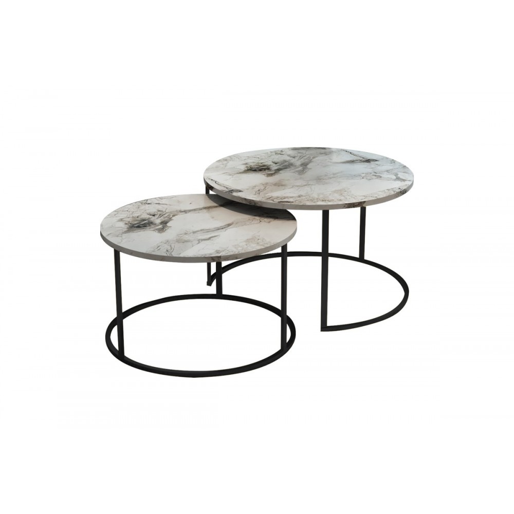 Τραπέζια σαλονιού "SOLME" 2τμχ από μέταλλο σε λευκό μαρμάρου/μαύρο χρώμα 75x75x45