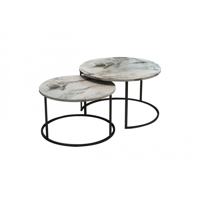 Τραπέζια σαλονιού "SOLME" 2τμχ από μέταλλο σε λευκό μαρμάρου/μαύρο χρώμα 75x75x45