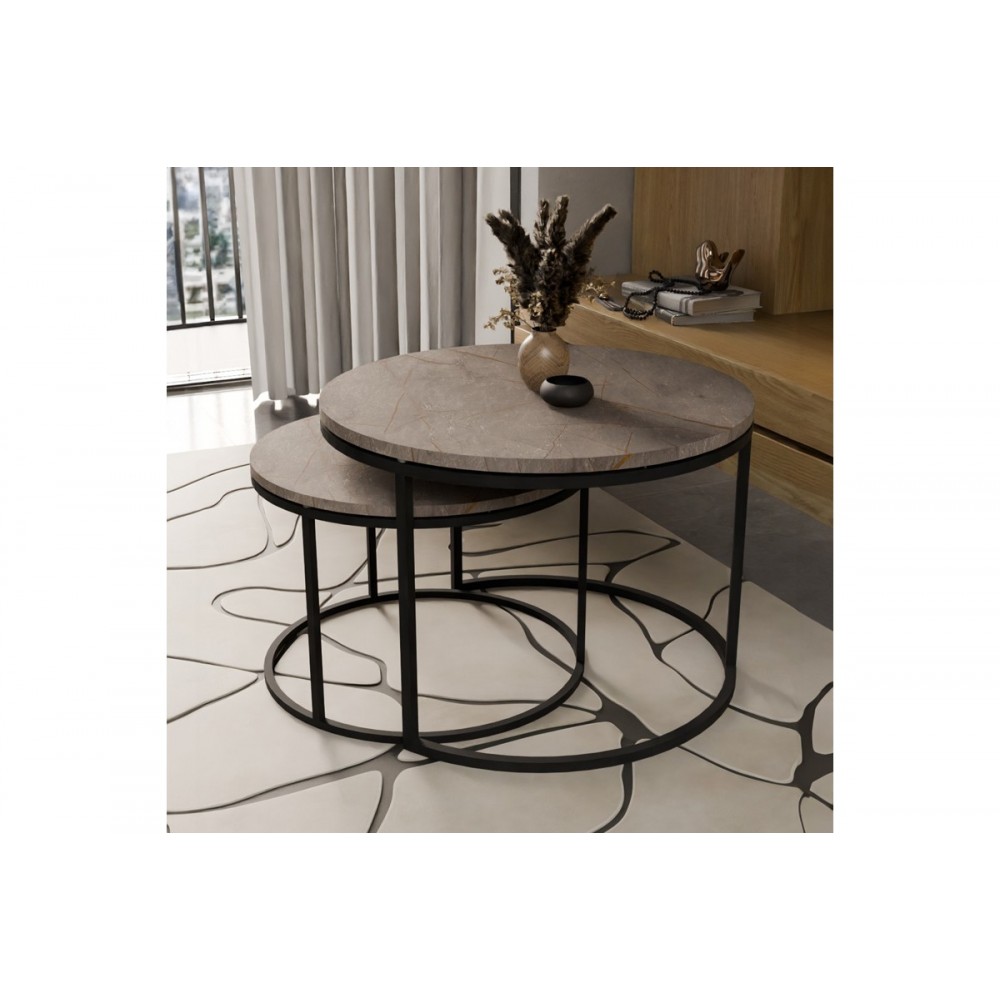Τραπέζια σαλονιού "SOLME" 2τμχ από μέταλλο σε γκρι μαρμάρου/μαύρο χρώμα 75x75x45